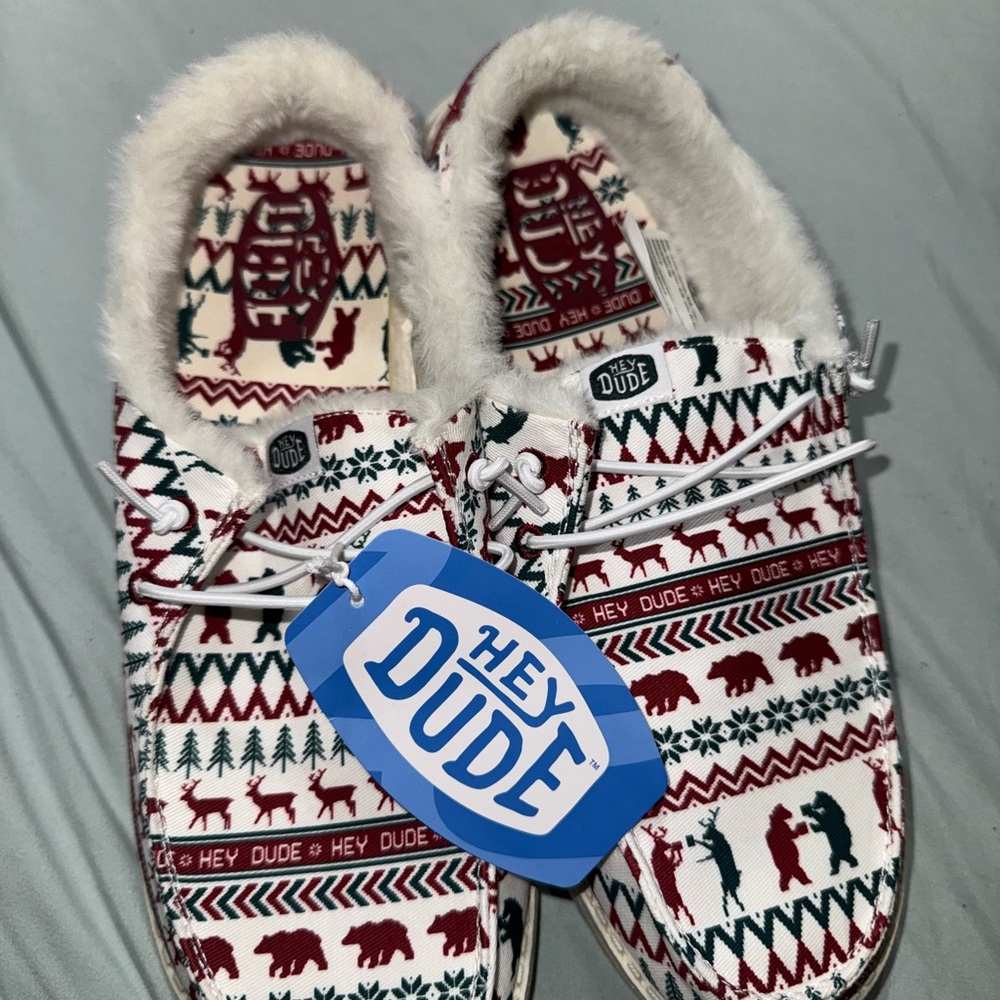 Hey Dude Holiday Slippers - Red, White, and Green Pattern